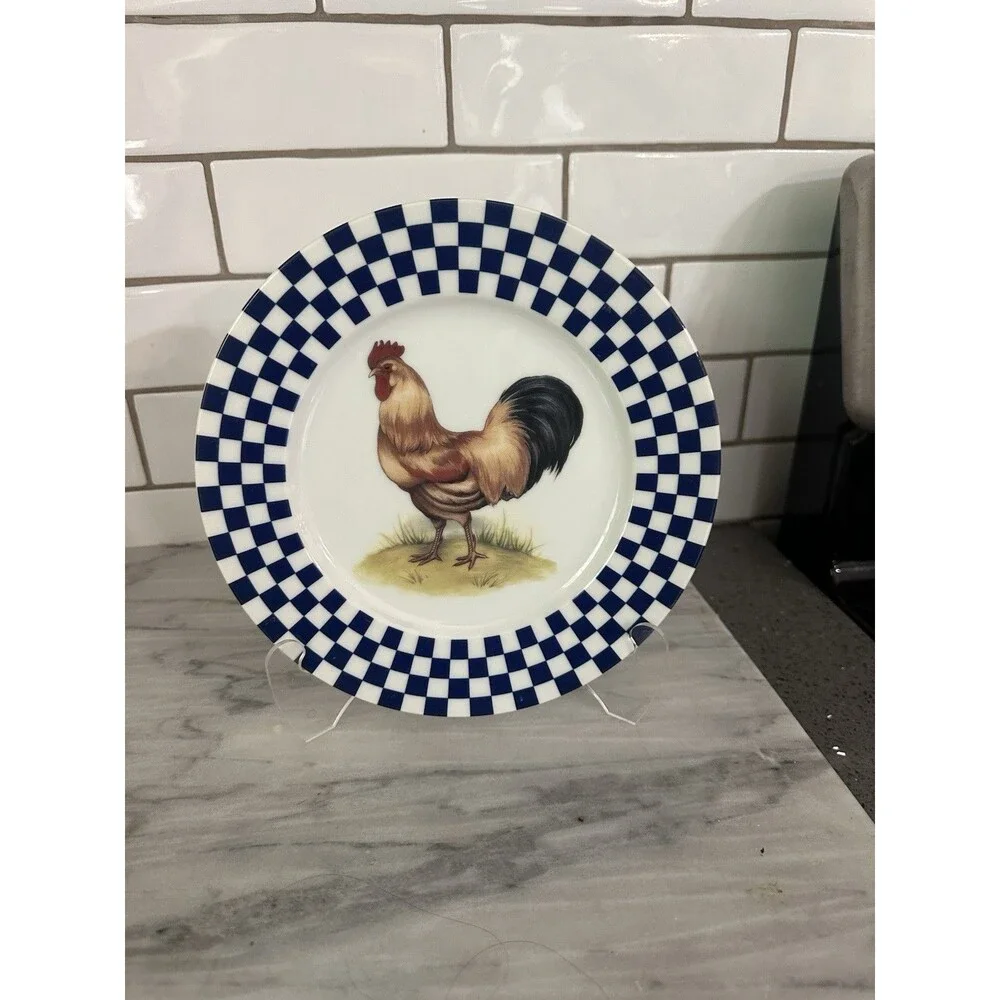 Williams Sonoma ROOSTER Blue White Check Checker Golden Brown 8.25